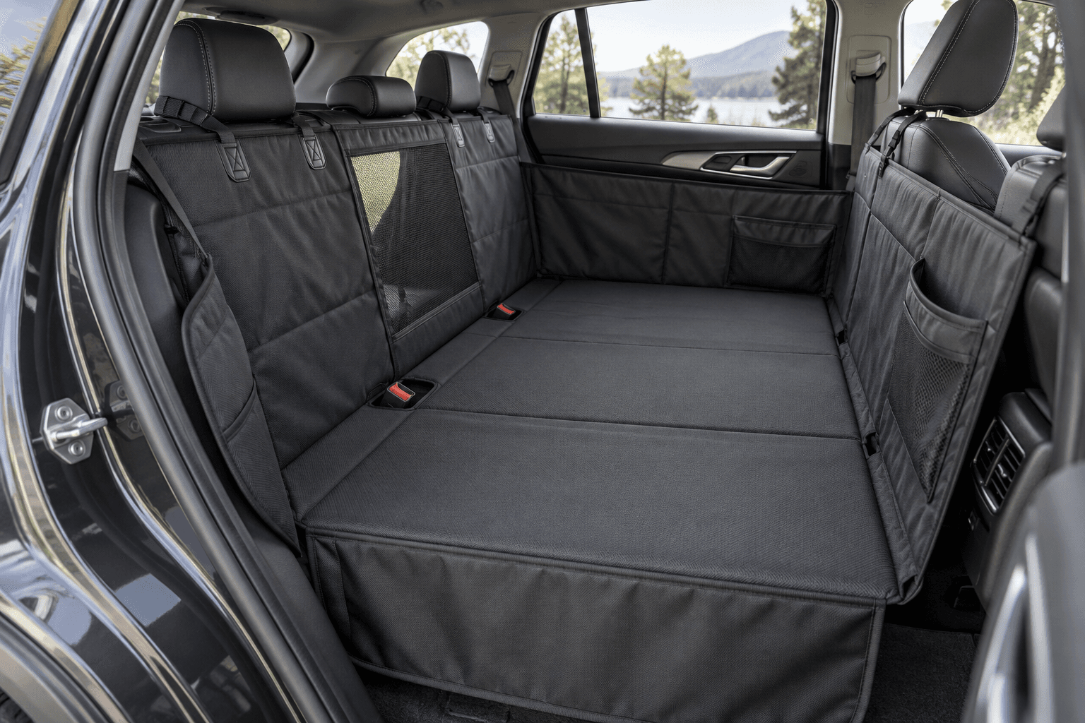 Hard-bottom rear-seat protector installed inside a vehicle