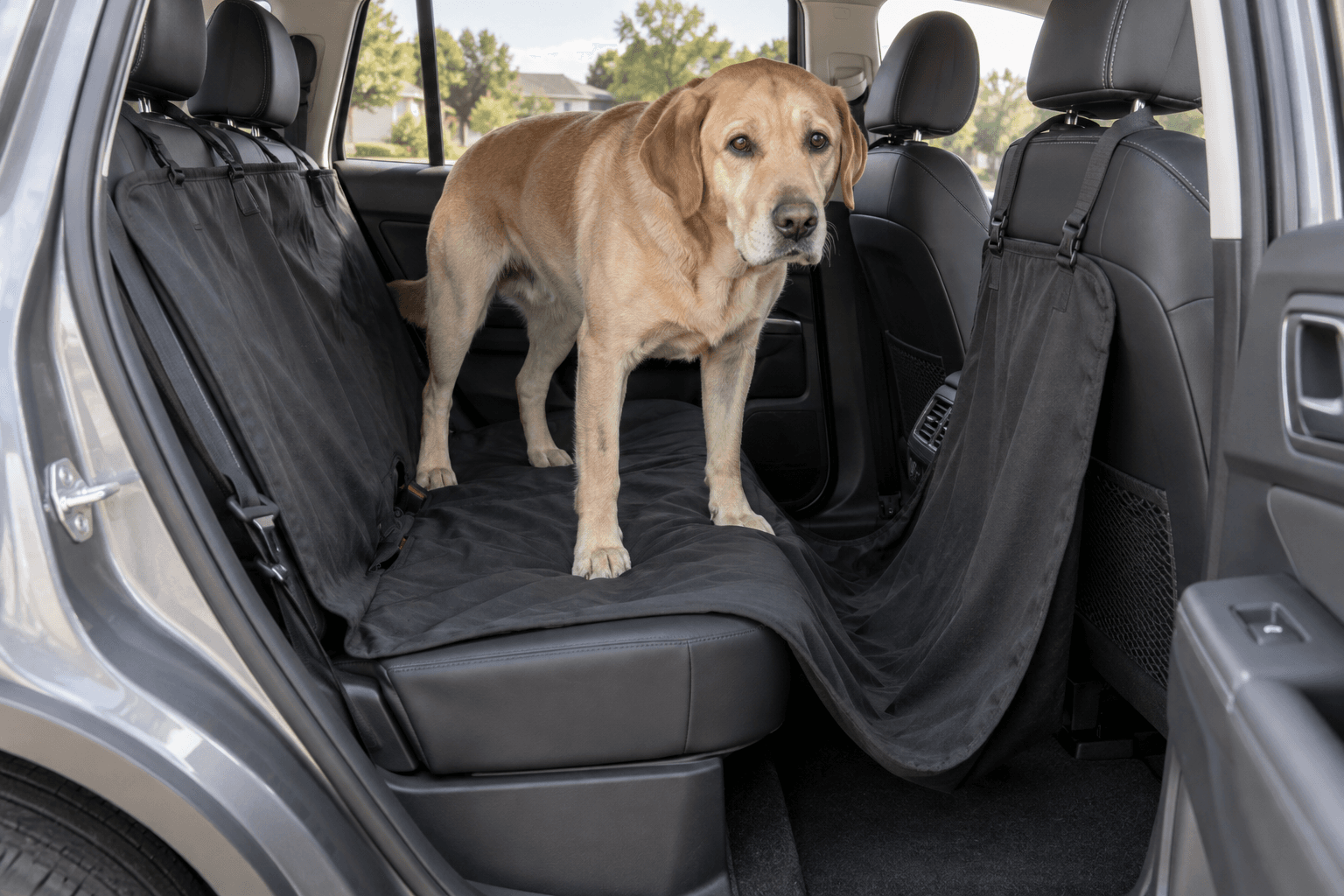 Illustration of a dog standing on a soft hammock sagging over the footwell